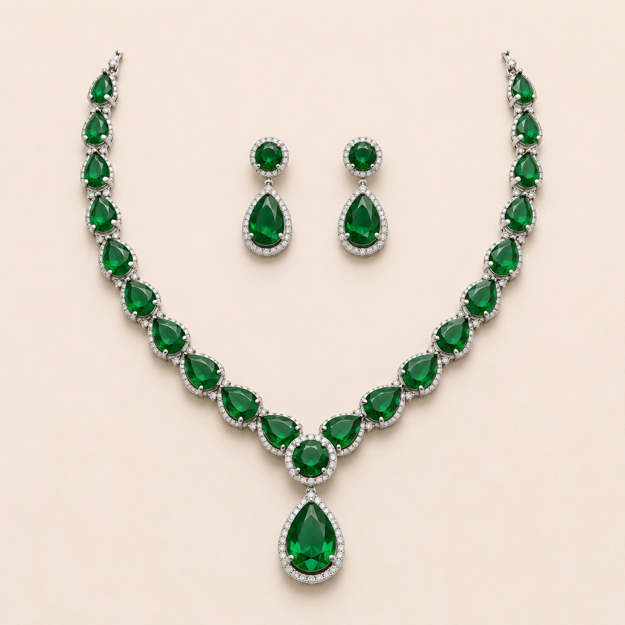 Silver Emerald Teardrop Set