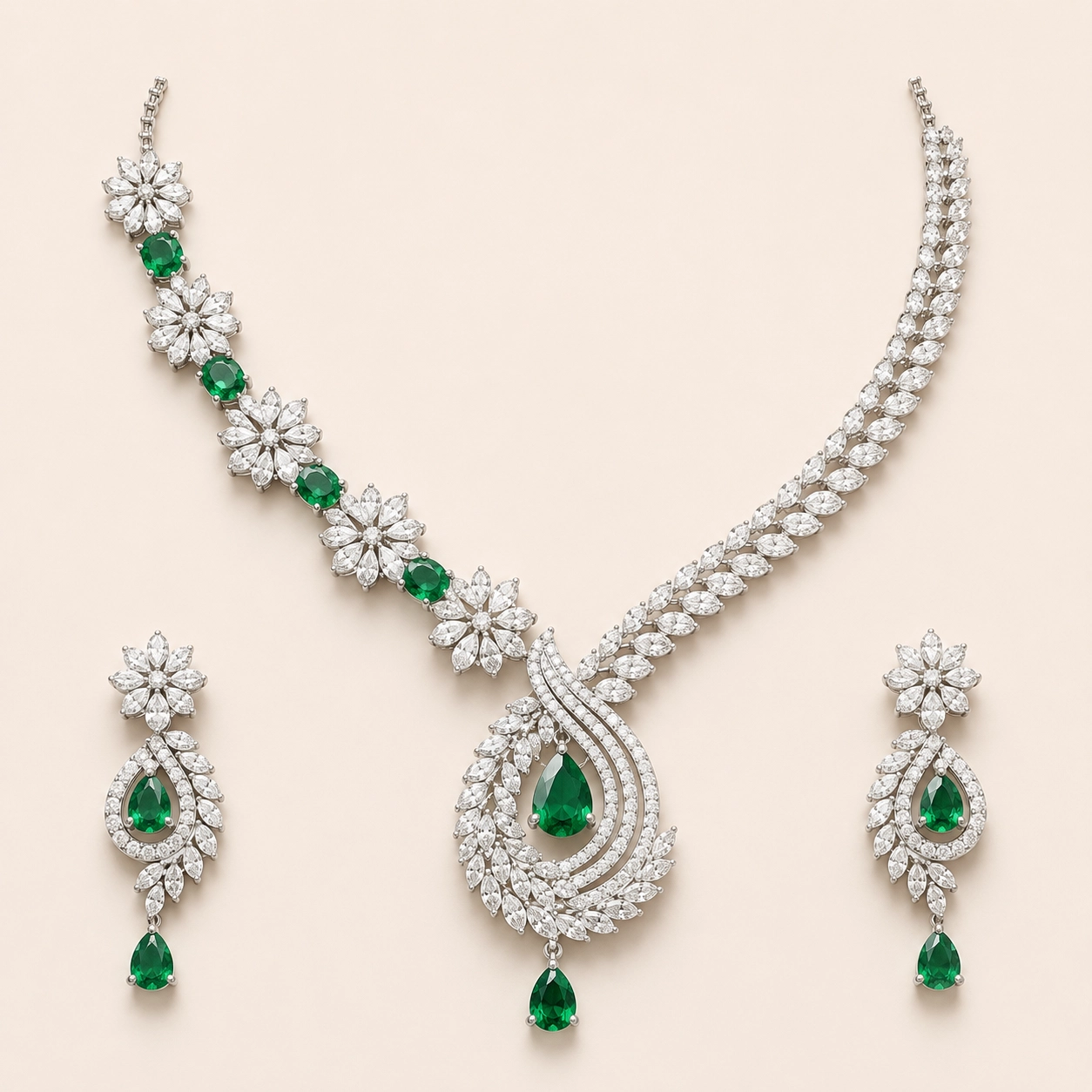 Silver Emerald Loop Set