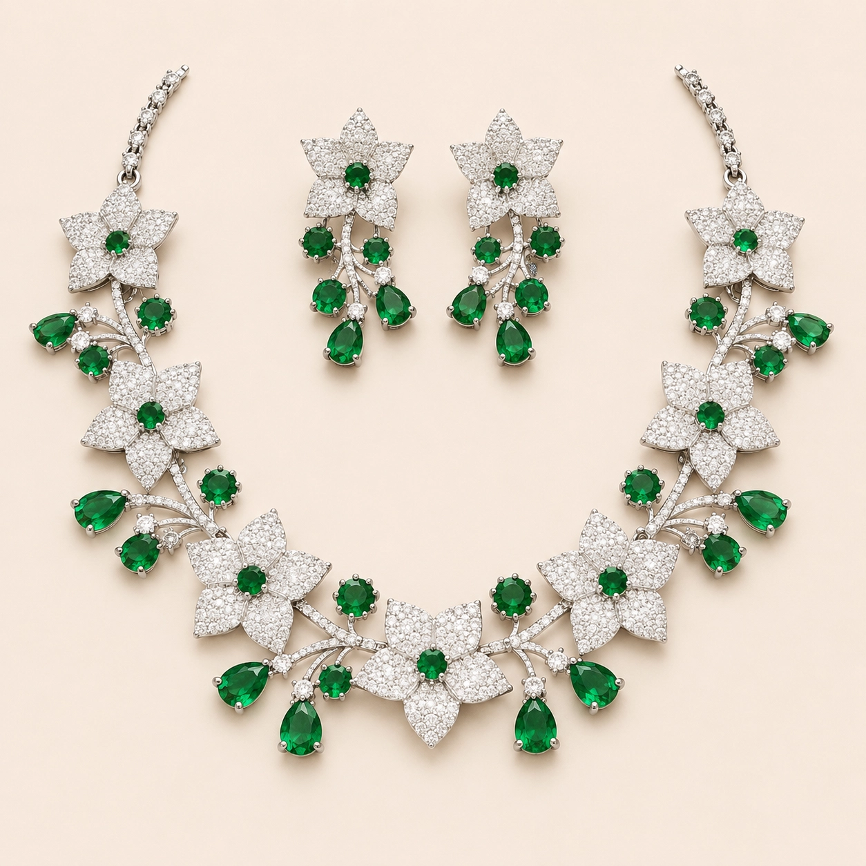 Silver Emerald Flower Set
