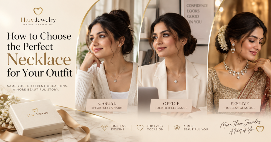 Woman wearing an elegant necklace with different outfit styles in a guide to choosing the perfect necklace