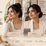 Woman wearing an elegant necklace with different outfit styles in a guide to choosing the perfect necklace