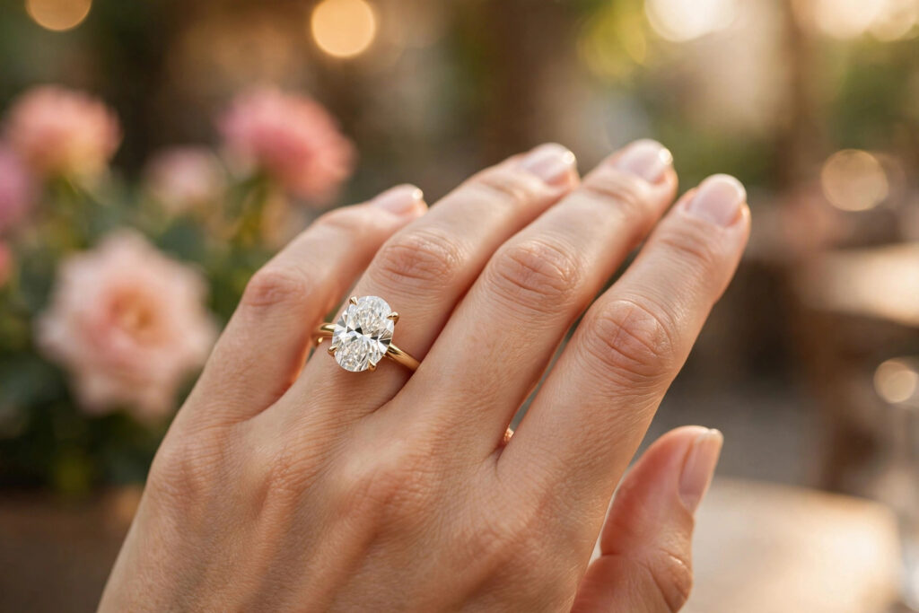 Oval diamond solitaire engagement ring on hand — I Love Jewelry