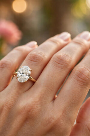 Oval diamond solitaire engagement ring on hand — I Love Jewelry