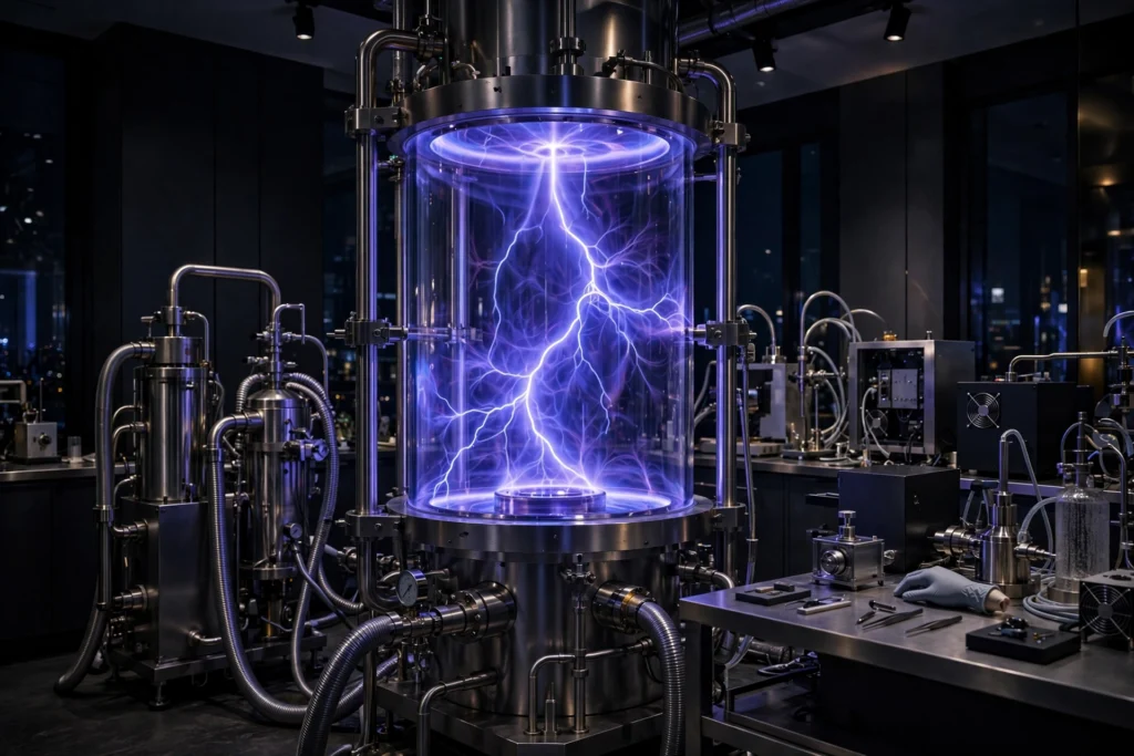 Diamond laboratory with glowing CVD plasma chamber