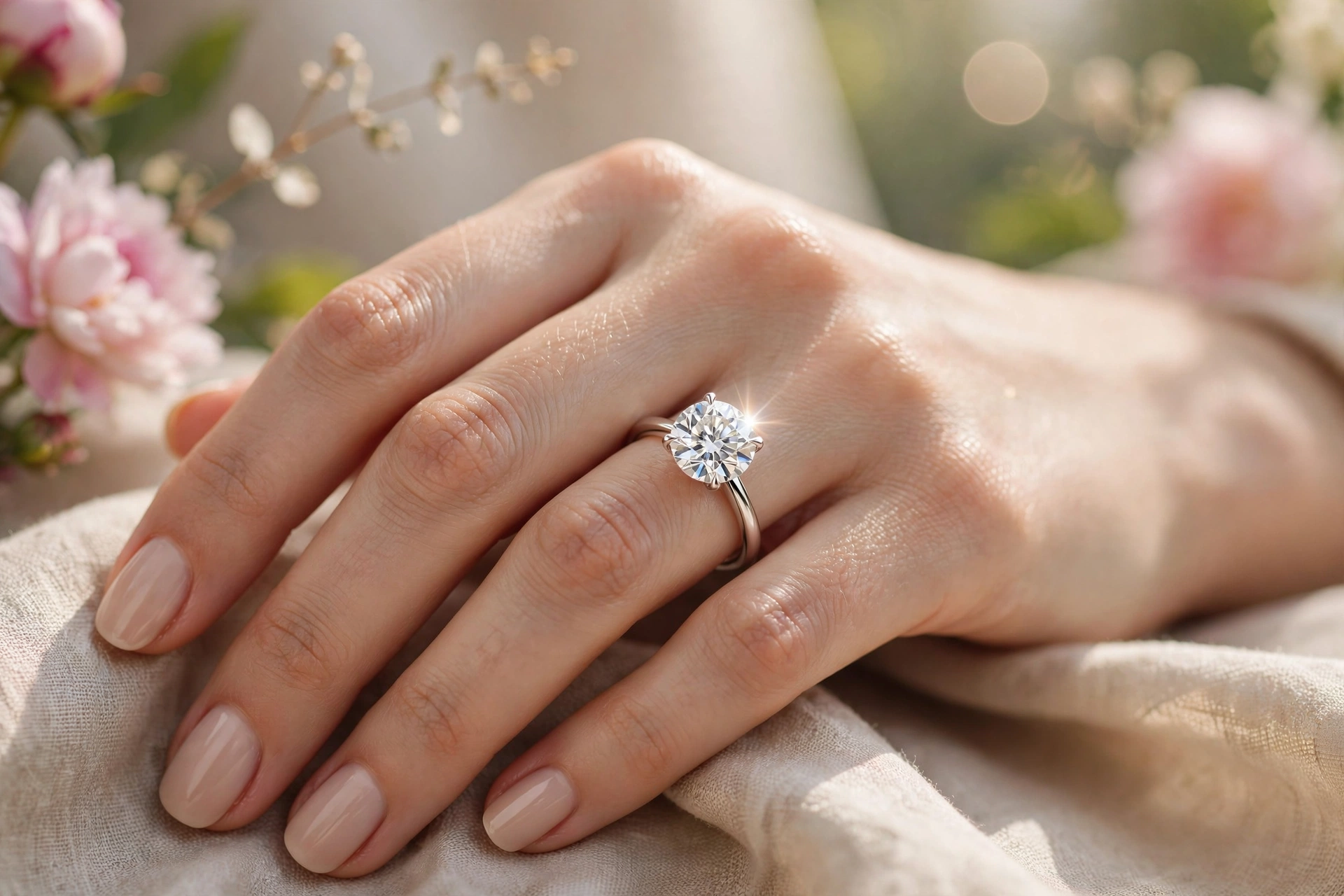 Diamond solitaire engagement ring on hand