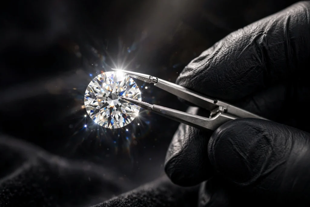 Jeweler holding a round brilliant diamond in tweezers