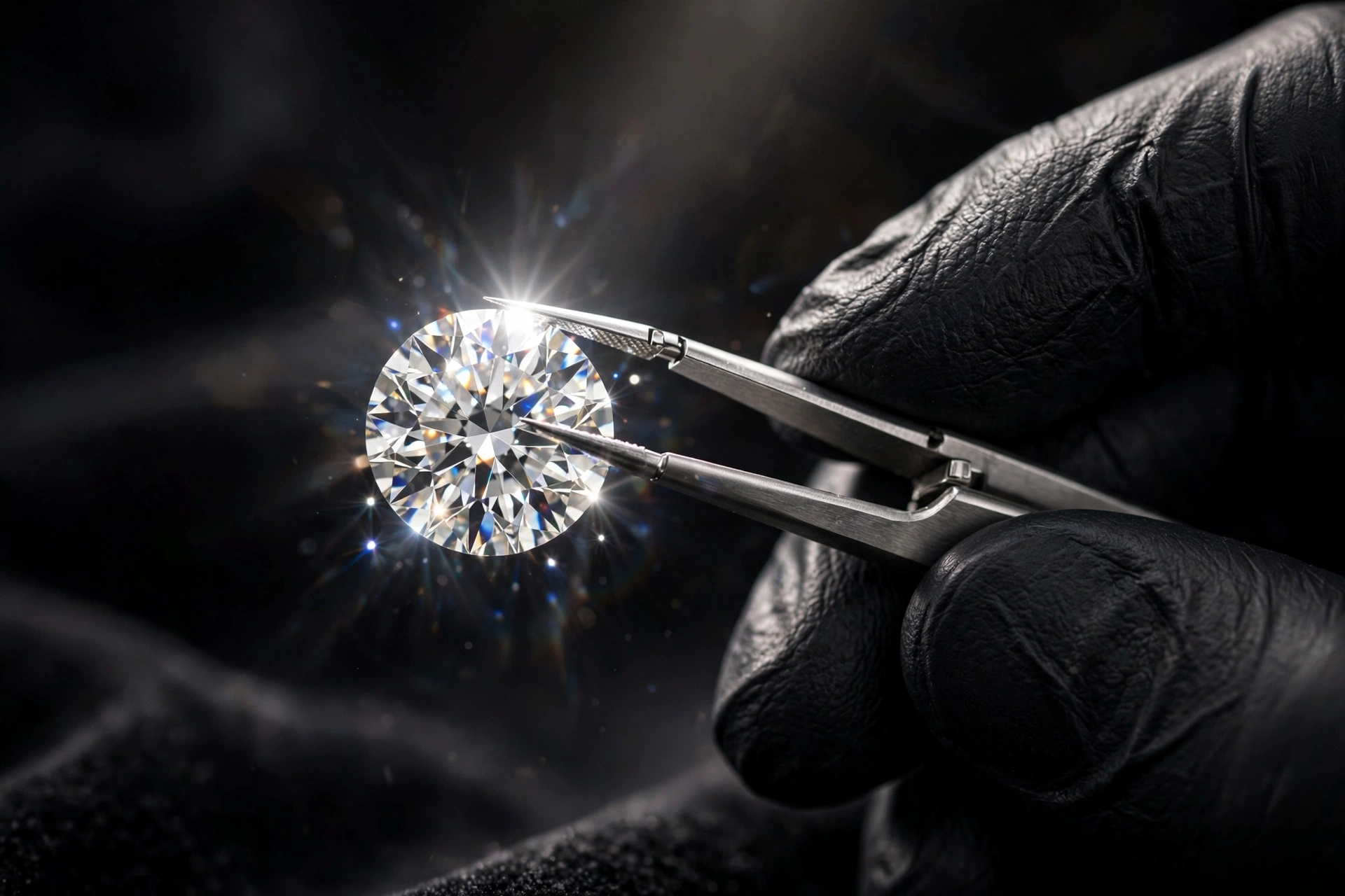 Jeweler holding a round brilliant diamond in tweezers