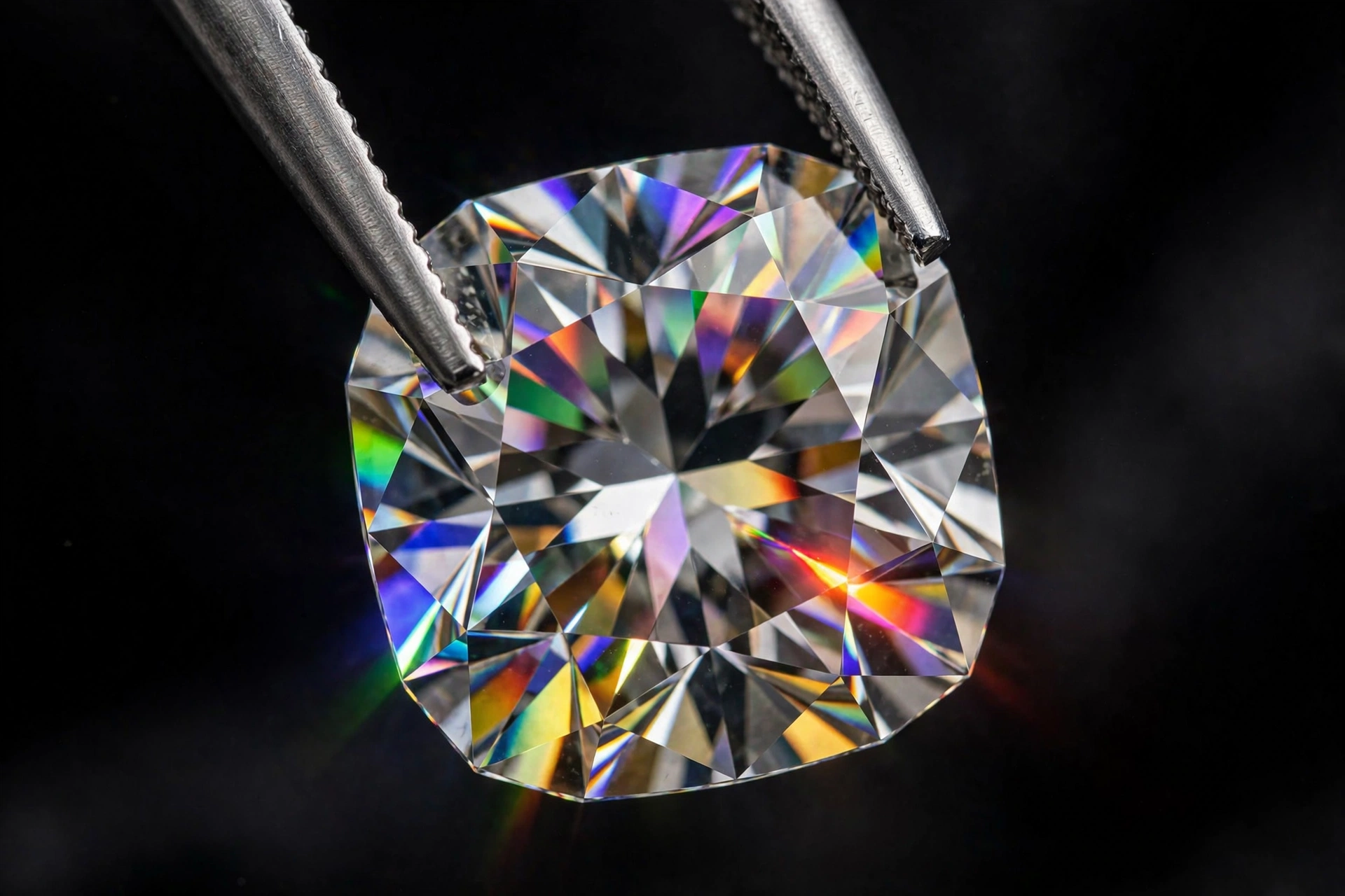 Close-up of cubic zirconia showing rainbow fire