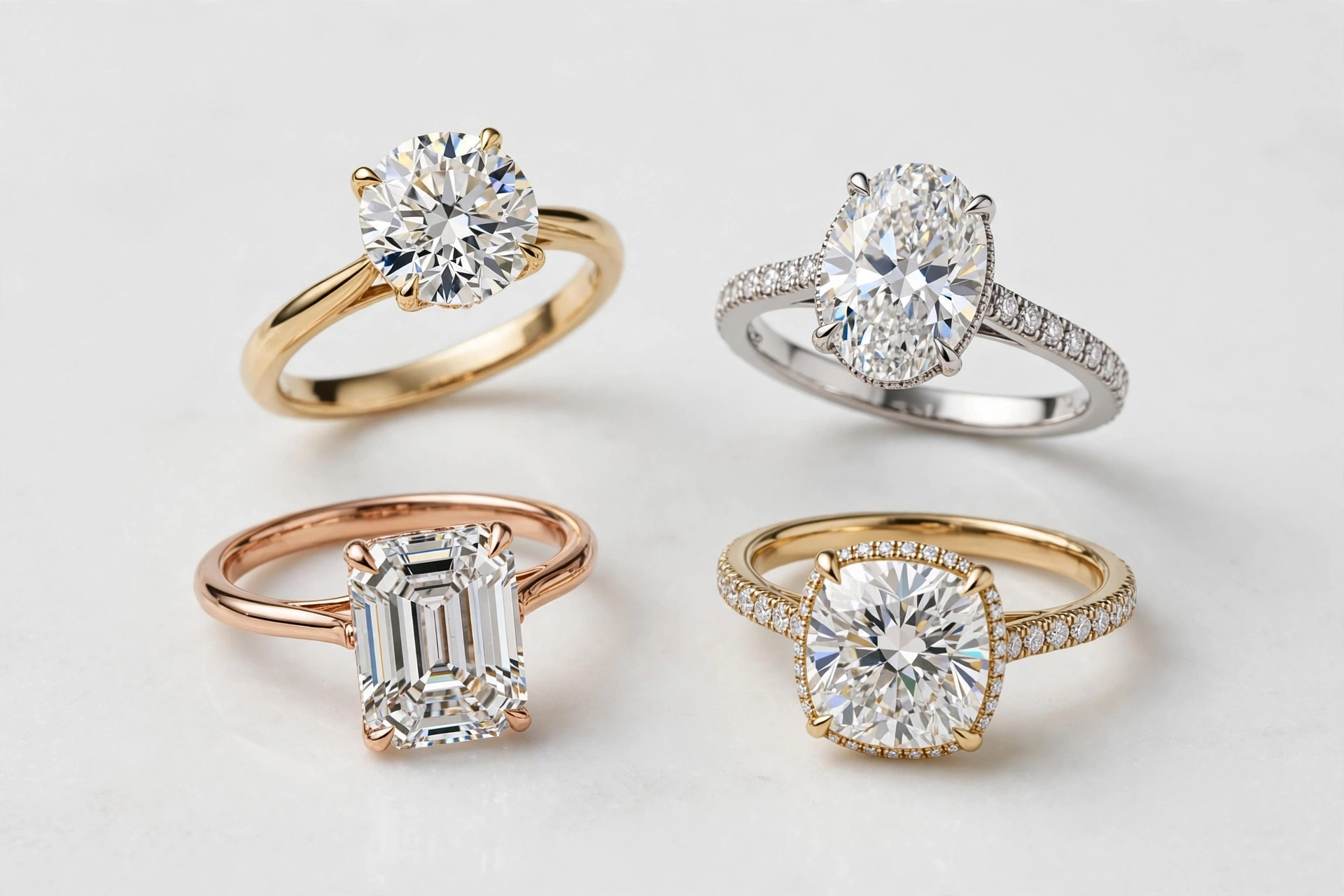 Lab grown diamond engagement ring shapes - round, oval, emerald, cushion