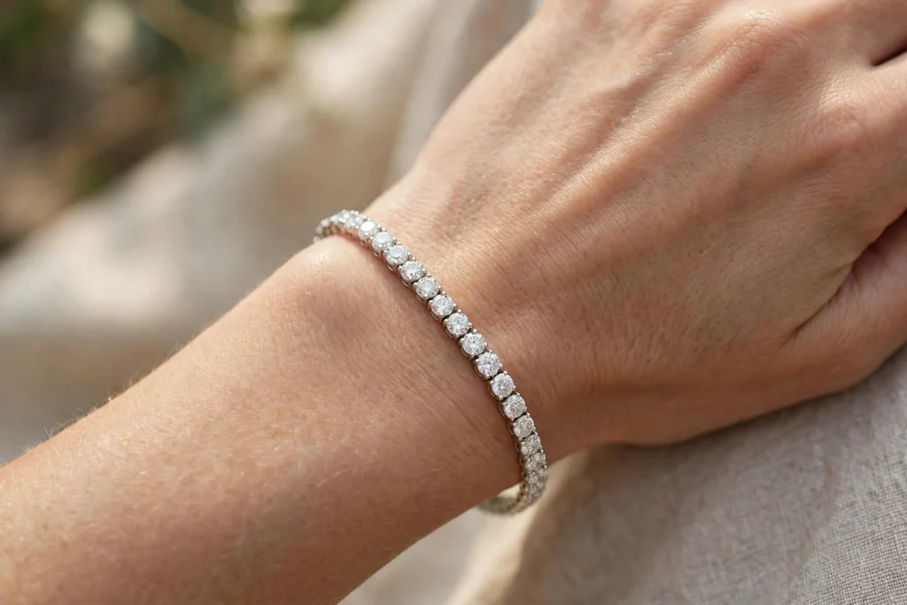 Lab grown diamond tennis bracelet on wrist
