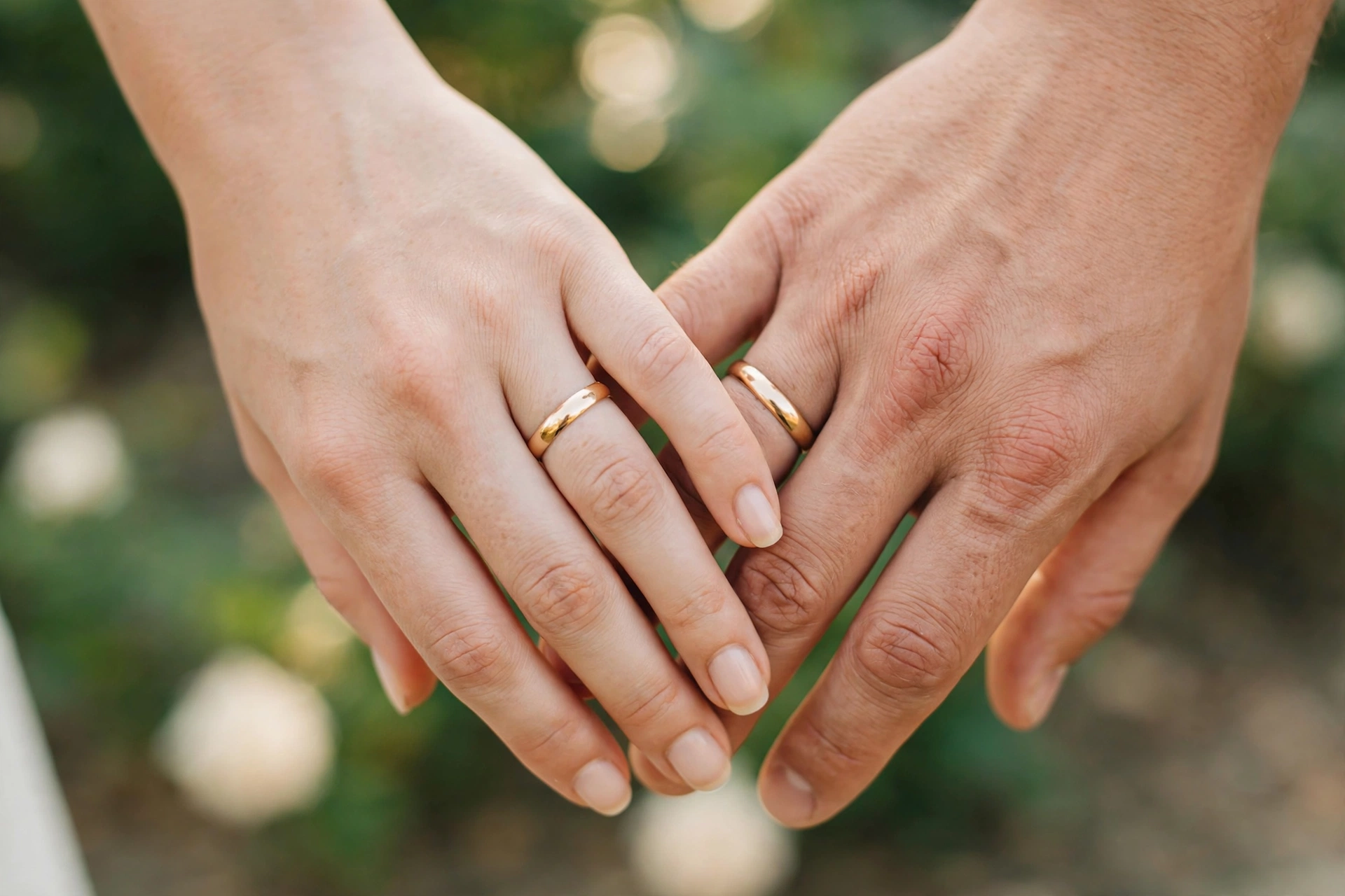 Couple hands with wedding bands